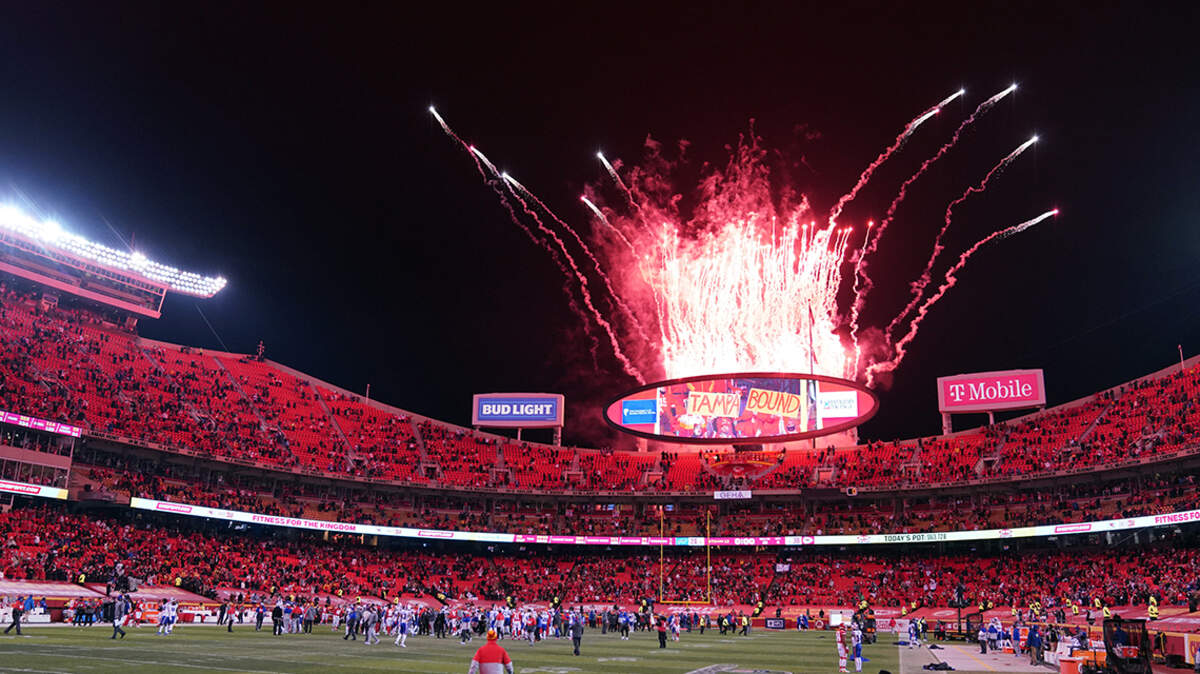 Fireworks go off over Arrowhead Stadium after the AFC championship NFL football game between the Kansas City Chiefs and the Buffalo Bills, Sunday, Jan. 24, 2021, in Kansas City, Missouri.