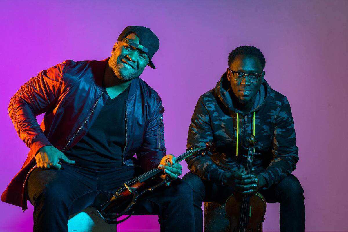Violinist Kevin “Kev Marcus” Sylvester, left, and viola player Wil “Wil B” Baptiste make up Black Violin, which will play March 5 at the Lied Center in Lawrence.