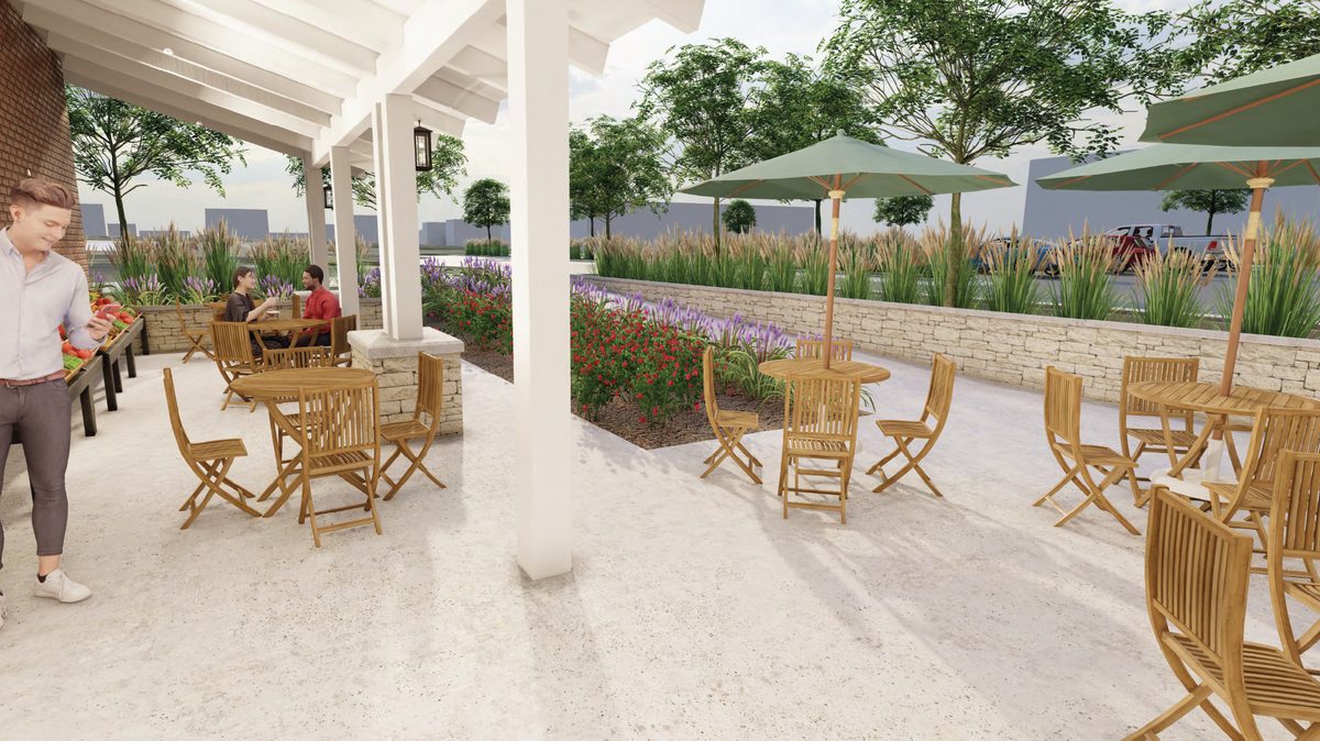 A rendering of a patio for shoppers at Red Bridge Farm Fresh Market, which plans a late spring or early summer opening at 11212 Holmes Road.