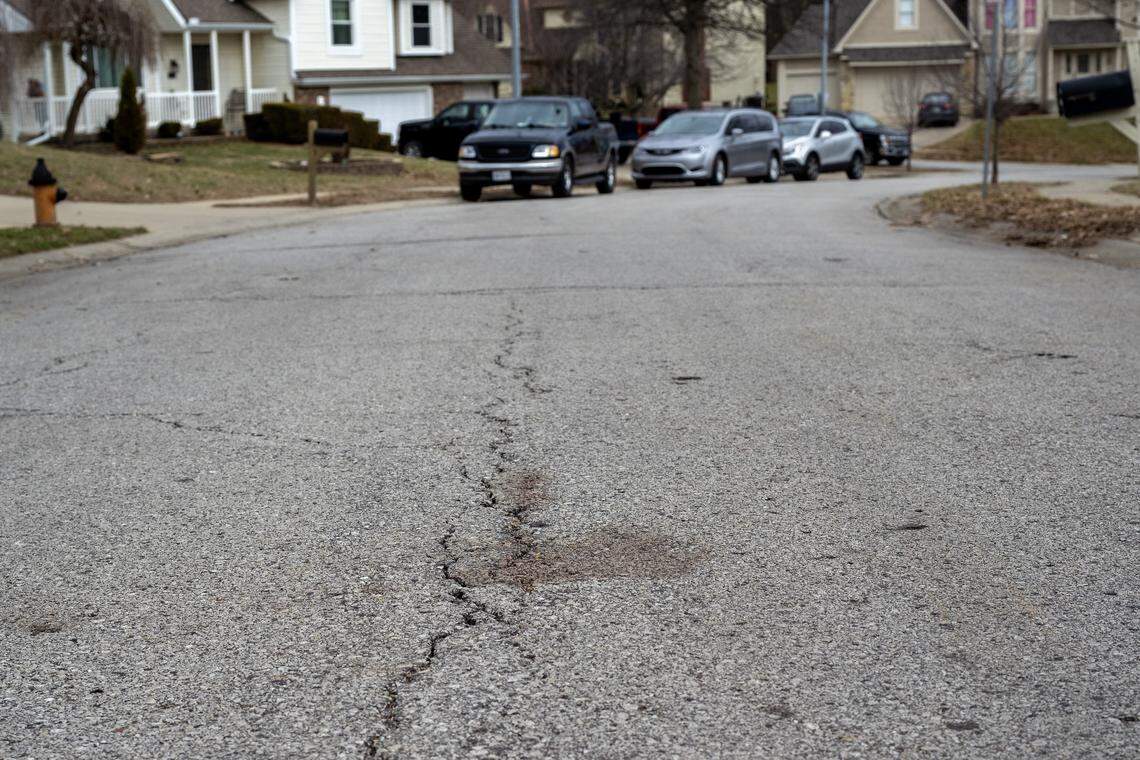 Blood is visible along NE 78th Street on Tuesday, Jan. 13, 2026, in Kansas City.