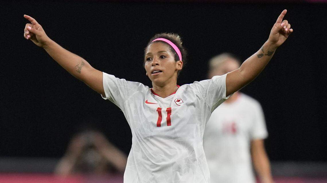 Canada’s Desiree Scott celebrates at the end of a women’s soccer match against Chile at the 2020 Summer Olympics, Saturday, July 24, 2021, in Sapporo, Japan. Canada won 2-1. (AP Photo/Silvia Izquierdo)