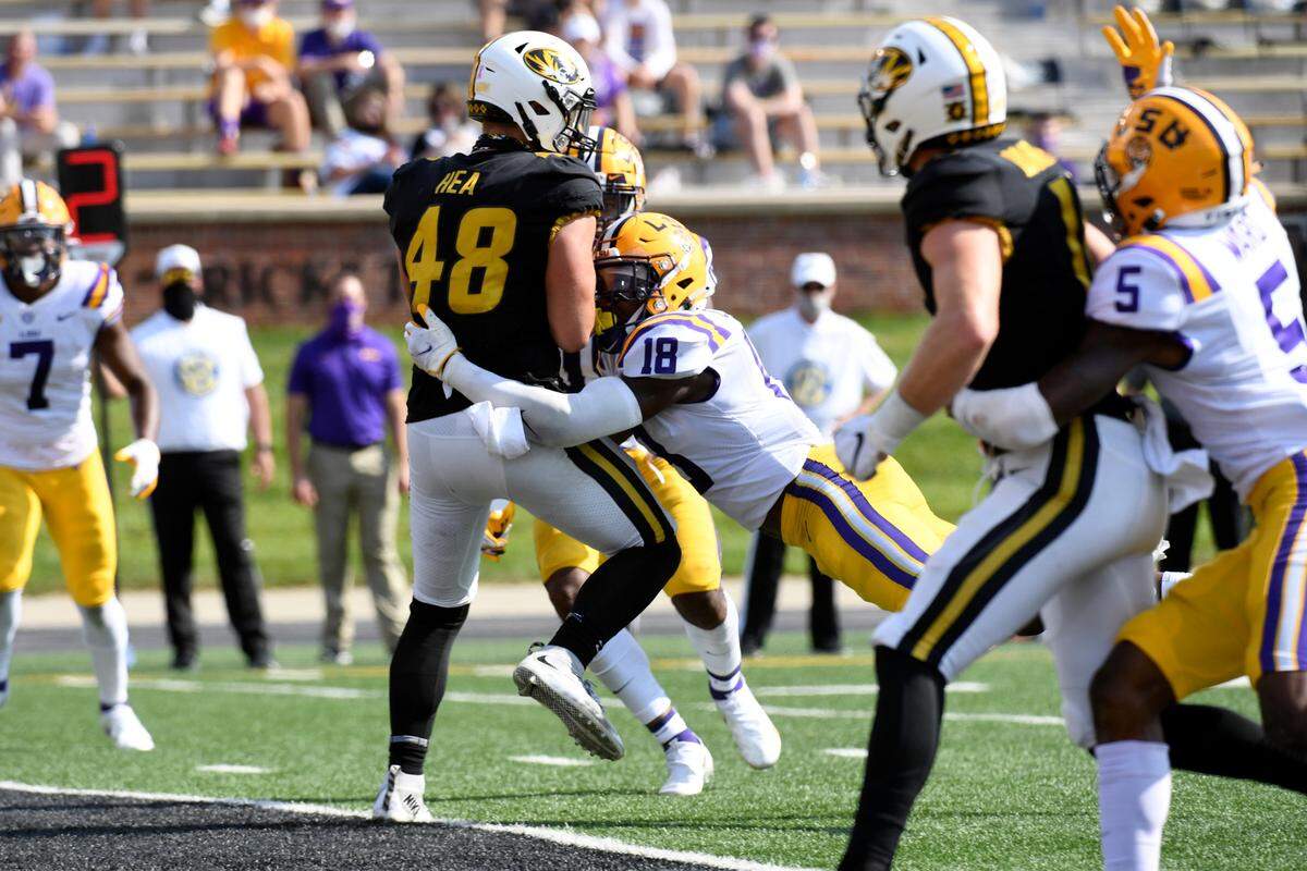 Missouri tight end Niko Hea (48) caught the pass that produced the game-winning touchdown in Mizzou’s 45-41 upset of LSU.