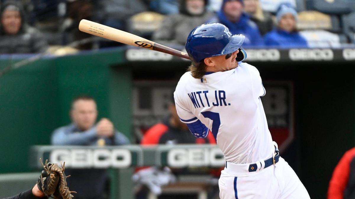 Making his MLB debut, Kansas City Royals infielder Bobby Witt Jr. belts out a hit and knocks in the game winning run against the Cleveland Guardians in the season opener Thursday, April 7, 2022, at Kauffman Stadium in Kansas City.