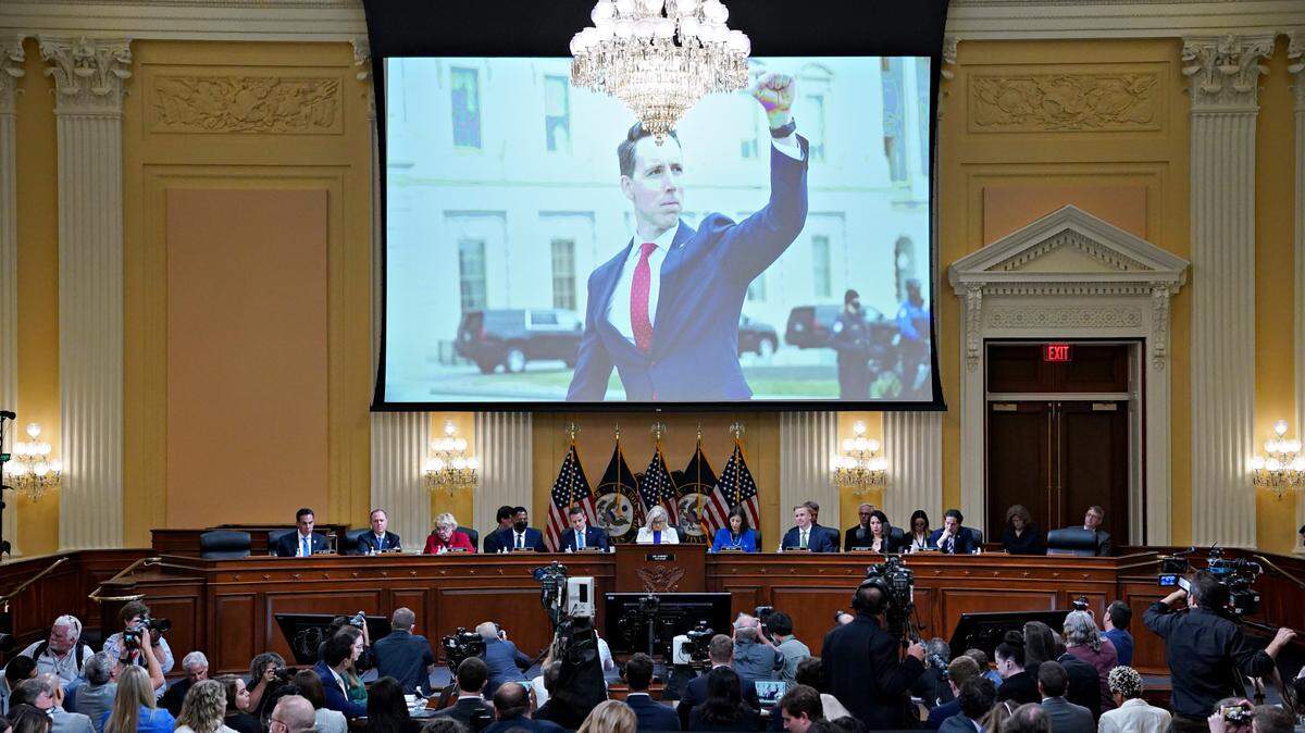 A photo of Sen. Josh Hawley, R-Mo., is displayed on a screen as the House select committee investigating the Jan. 6 attack on the U.S. Capitol holds a hearing Thursday at the Capitol in Washington, D.C.