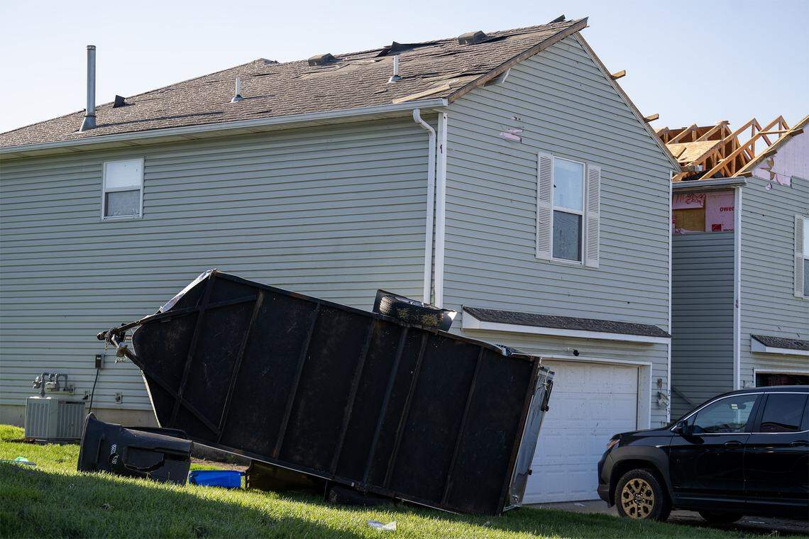 In the wake of a tornado that touched down Friday night near Conti Court and 173rd Street in Belton, the extent of the destruction was visible on Saturday, April 18, 2026. Among the damage was a trailer that had been completely upended and tossed into a nearby driveway.