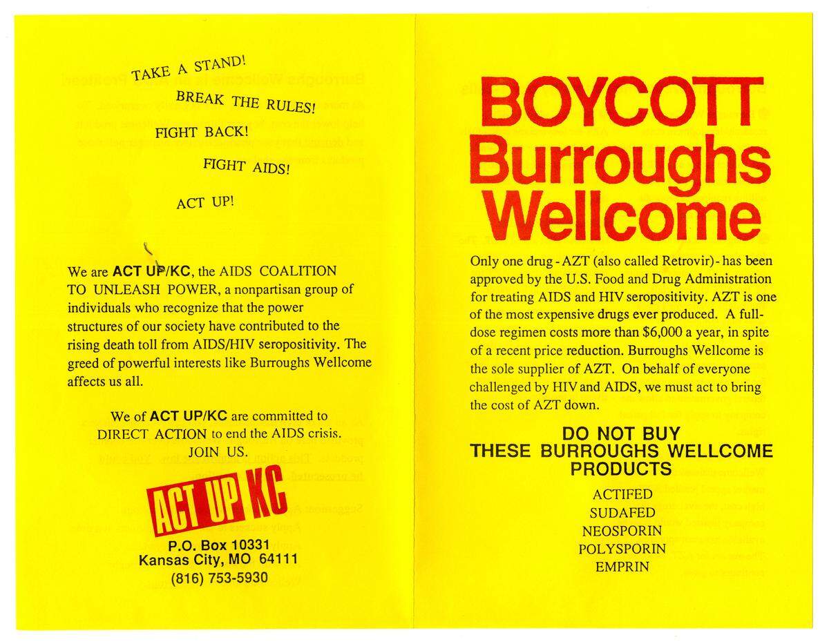 ACT UP/KC flyer calling for a boycott of Burroughs Wellcome over the high cost of the HIV/AIDS drug AZT.