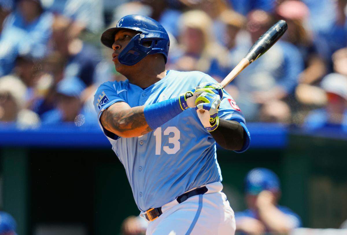 Royals designated hitter Salvador Perez hit an RBI double, his 13th double of the season, during the first inning against the Chicago White Sox on Thursday, May 8, 2025 at Kauffman Stadium in Kansas City.