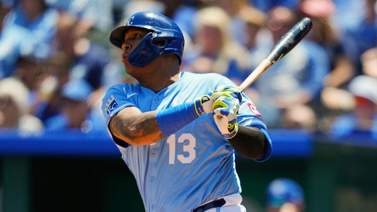 Royals designated hitter Salvador Perez hit an RBI double, his 13th double of the season, during the first inning against the Chicago White Sox on Thursday, May 8, 2025 at Kauffman Stadium in Kansas City.