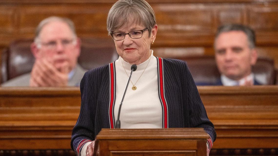 Governor Laura Kelly speaks during the State of the State address at the Kansas State Capital on Wednesday, Jan. 10, 2024, in Topeka, Kansas.