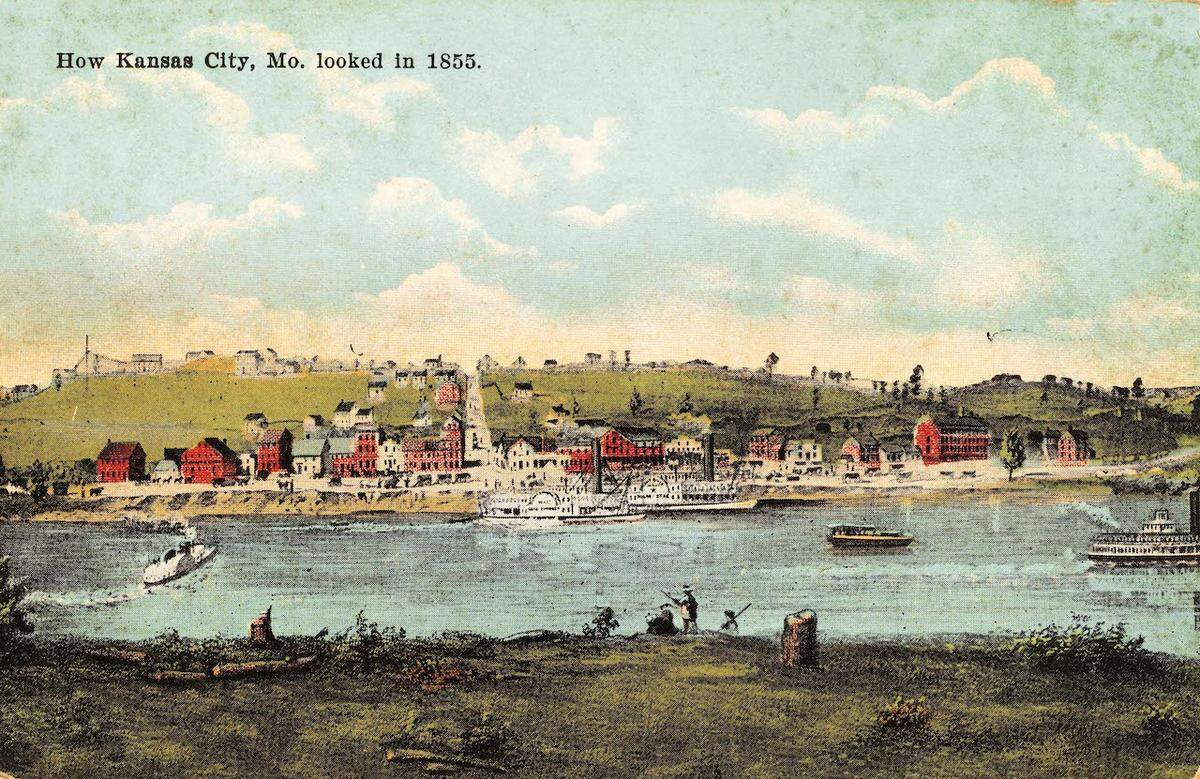 Postcard of the 1855 riverfront area of Kansas City.