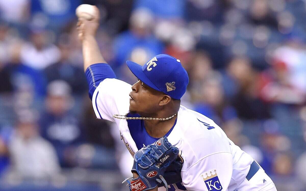 Kansas City Royals starting pitcher Edinson Volquez throws in the first inning during Friday's baseball game against the Atlanta Braves on May 13, 2016 at Kauffman Stadium in Kansas City, Mo.