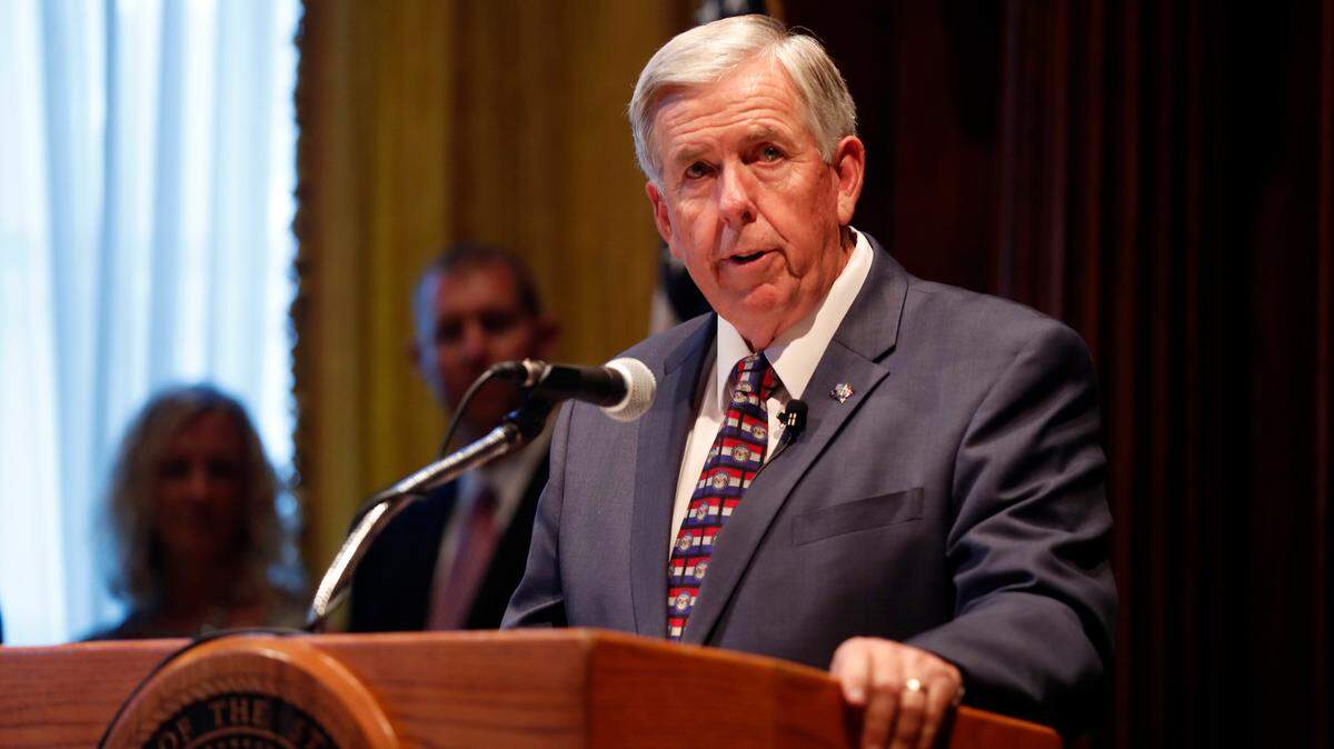 Missouri Gov. Mike Parson speaks after being sworn in as the state’s 57th governor following the resignation of Eric Greitens in 2018 .(AP Photo/Jeff Roberson)