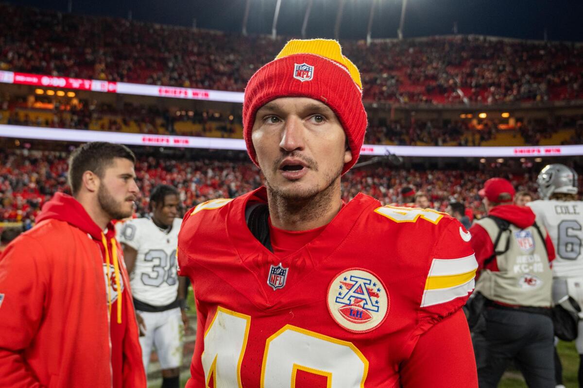 Kansas City Chiefs place kicker Matthew Wright after the Chiefs last minute win vs. the Las Vegas Raiders on Friday, Nov. 29, 2024, at GEHA Field at Arrowhead Stadium.