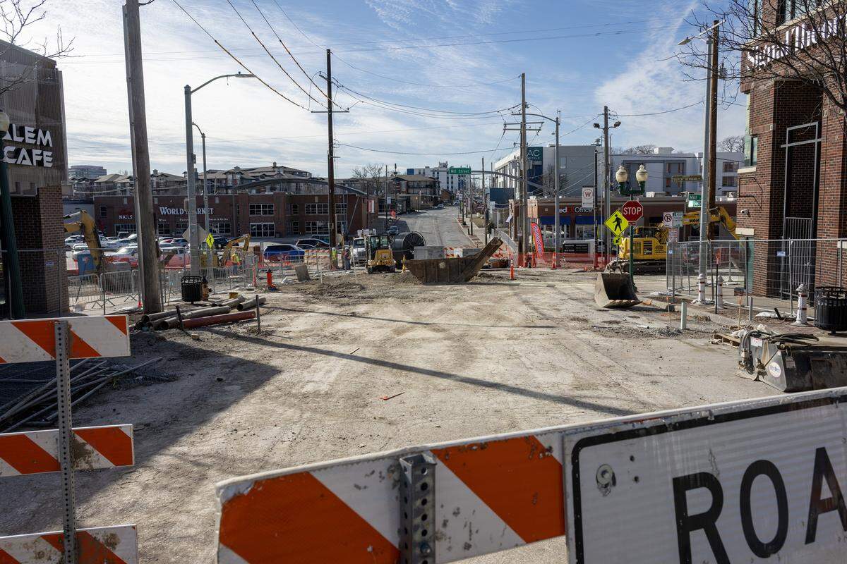 Construction work is seen at the intersection of Mill Street and Westport Road on Thursday, Jan. 22, 2026, in Kansas City.
