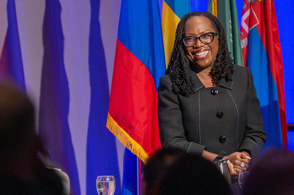U.S. Supreme Court Justice Ketanji Brown Jackson smiles and acknowledges the applause after her speech during the Truman Foundation Annual Luncheon.