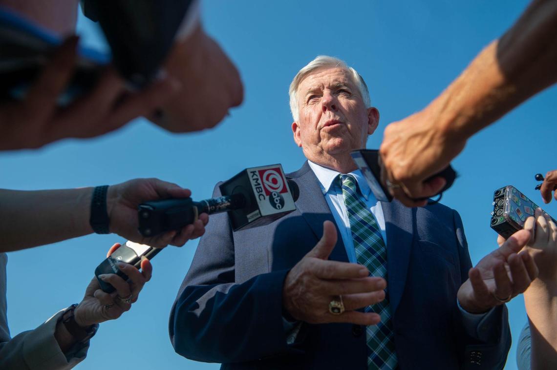 Missouri Gov. Mike Parson answers questions in Kansas City.