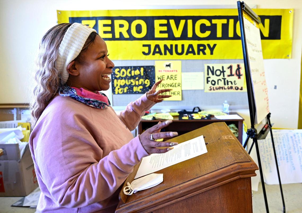 Tiana Caldwell, board president of KC Tenants, addressed a group of leaders during a staff retreat Jan. 22 in Kansas City.