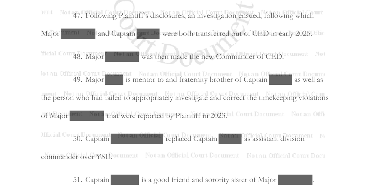 A redacted page from Sgt. Kathy Coots’ lawsuit against KCPD.