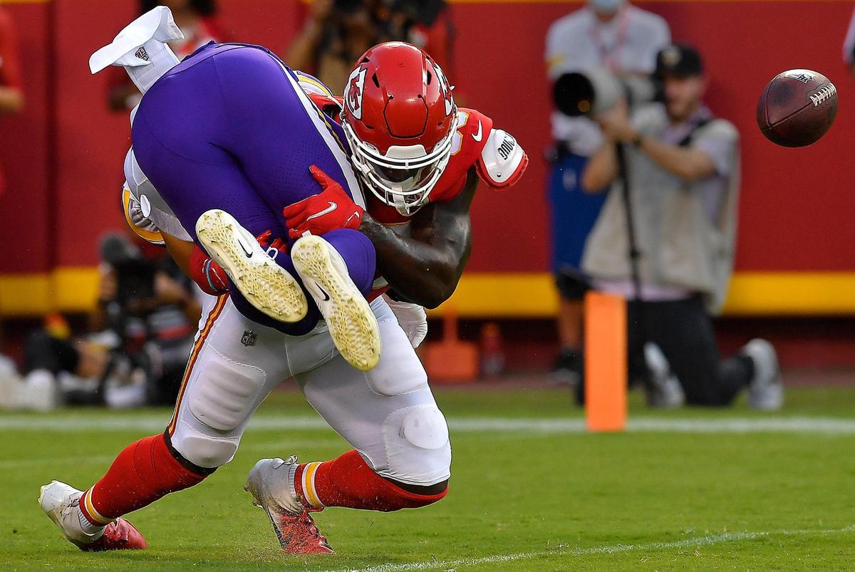 Chiefs line backer Willie Gay put a crushing blow on Minnesota’s Jake Bargas, who coughed up the ball during the first half of Friday night’s preseason game at Arrowhead Stadium.