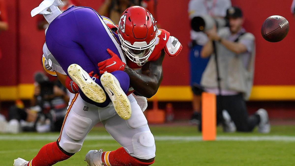 Chiefs line backer Willie Gay put a crushing blow on Minnesota’s Jake Bargas, who coughed up the ball during the first half of Friday night’s preseason game at Arrowhead Stadium.