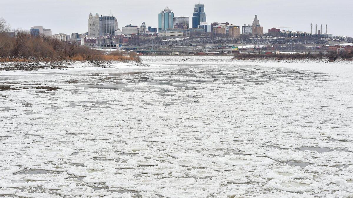 Ice floes can be seen drifting down the Missouri River Thursday toward Kansas City, Missouri, from Kaw Point Park in Kansas City, Kansas. Sub-freezing temperatures for several days have made for the bone-chlling weather conditions that make the ice floes possible.
