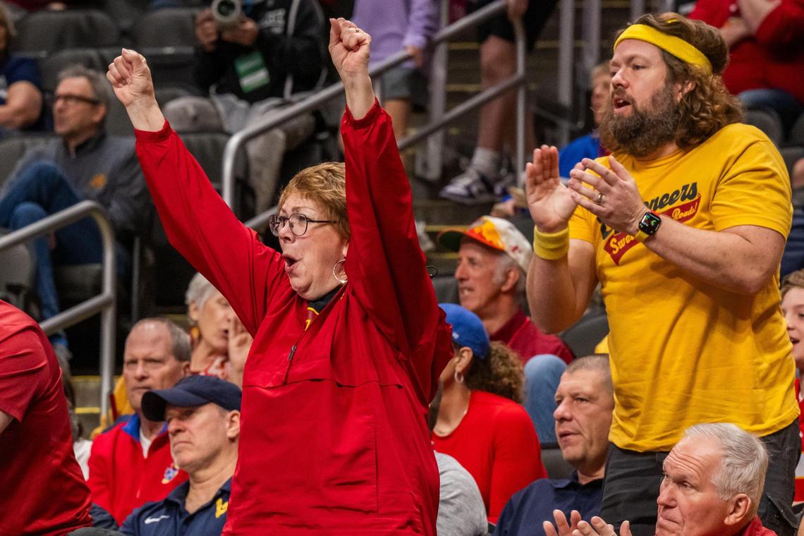 Iowa State Cyclones fans cheer on their team on Wednesday, Mar. 12, 2025 during their game against the Cincinnati Bearcats in the second round of the Big 12 Men’s College Basketball Tournament. Fans travel from all over the region annually to catch a glimpse of some college basketball.