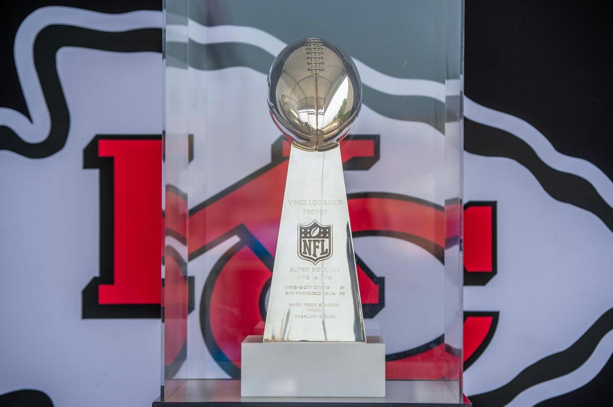 The Vince Lombardi Trophy from Super Bowl LIV is displayed Wednesday at the NFL Draft Experience.