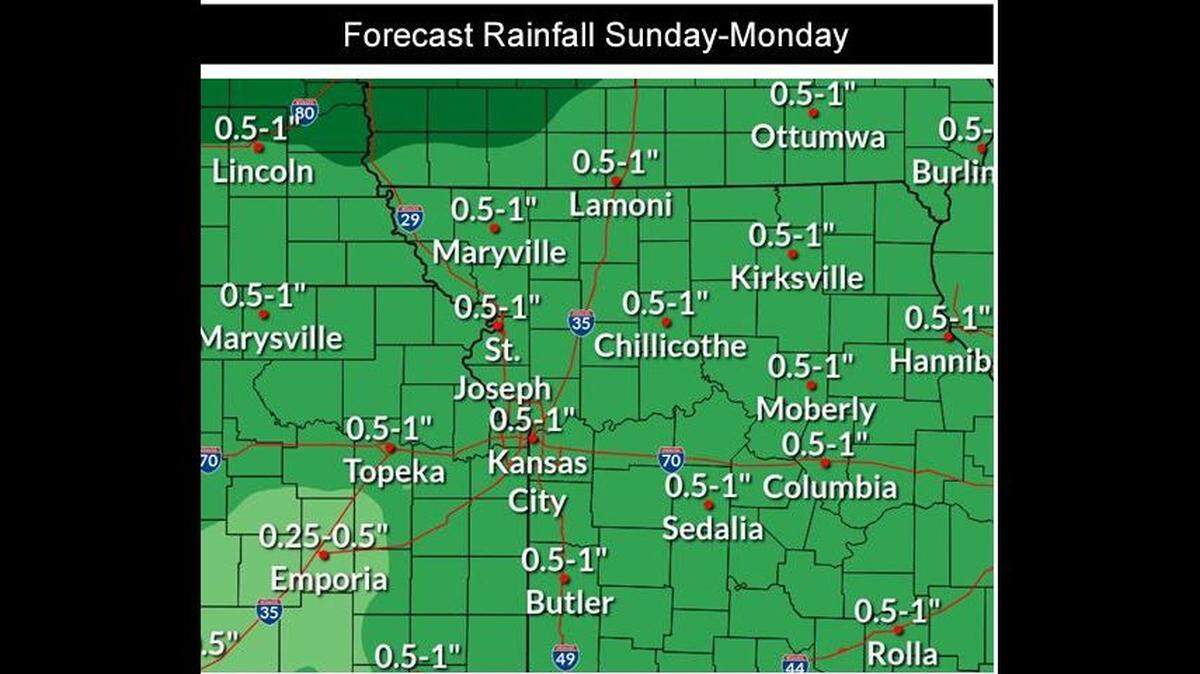 Rain is expected to return to the Kansas City area this weekend. Widespread showers and a few thunderstorms are expected on Sunday, lingering into Monday, according to the National Weather Service. Up to an inch of rain is possible in the metro.