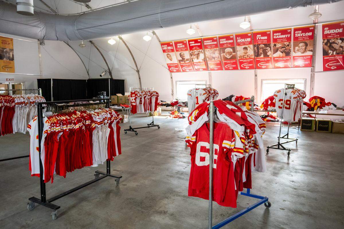 An Xavier Worthy practice jersey on a clothing rack at The Pavilion at GEHA Field at Arrowhead Stadium on Friday, February 20, 2026. Fans can come and shop on Saturday for items such as game worn jerseys, practice gear, and cleats.