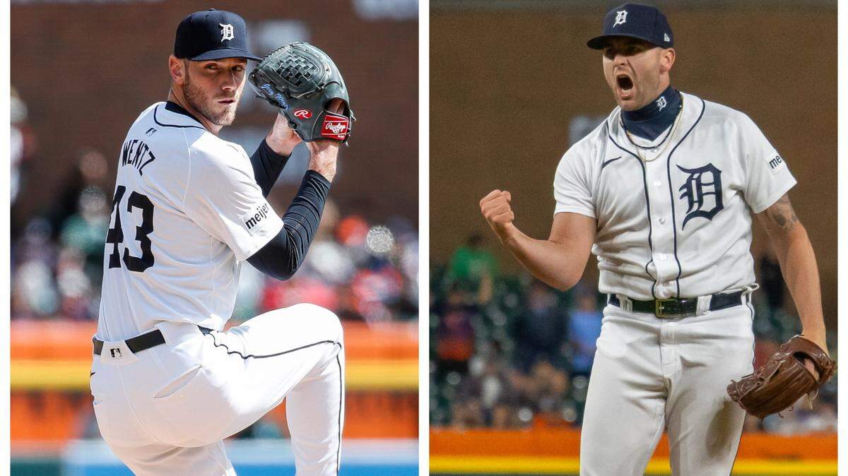 Joey Wentz (left) played for Shawnee Mission East High School, while Alex Lange was a star at Lee’s Summit West. Both are in the Tigers bullpen.
