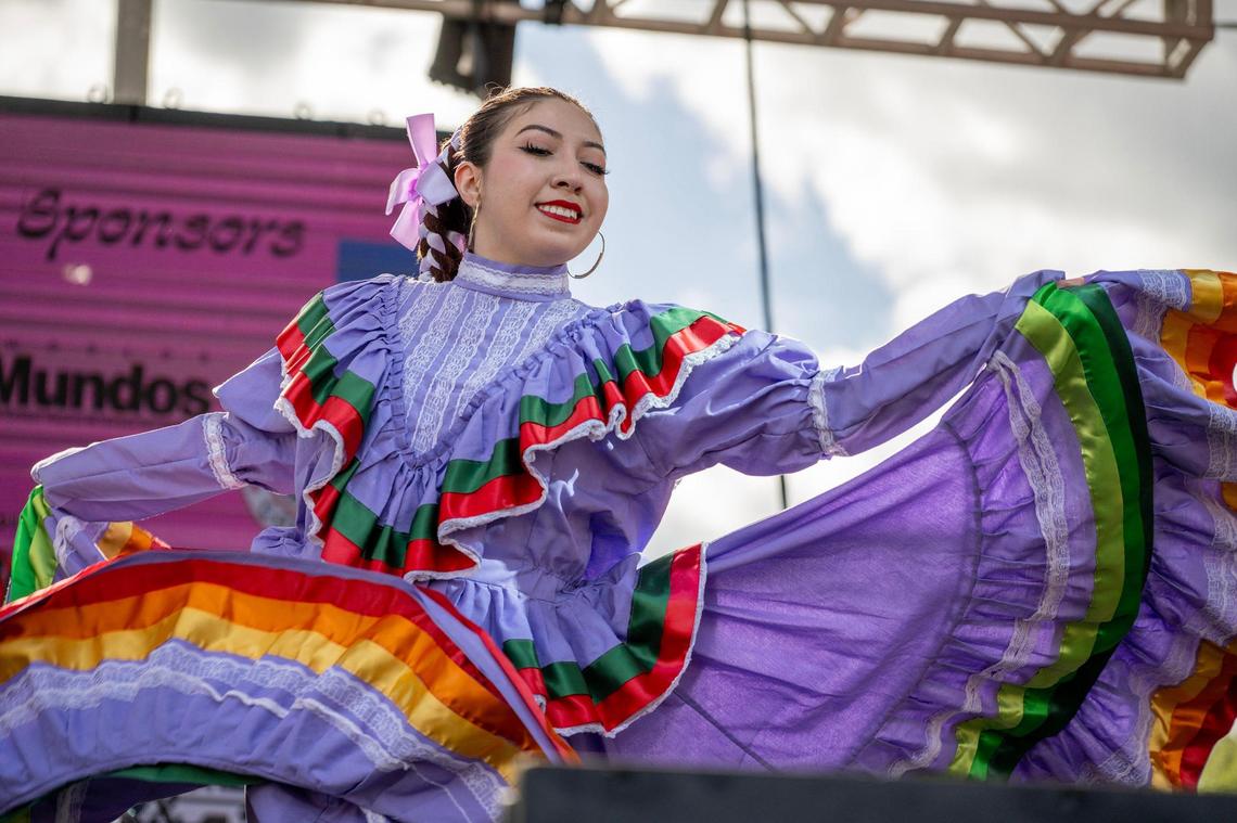 A Folklorico dancer performs during the Cinco de Mayo Festival at the Guadalupe Center on Saturday, May 3, 2025, in Kansas City. The annual celebration features traditional Mexican music, dance, food and community festivities.