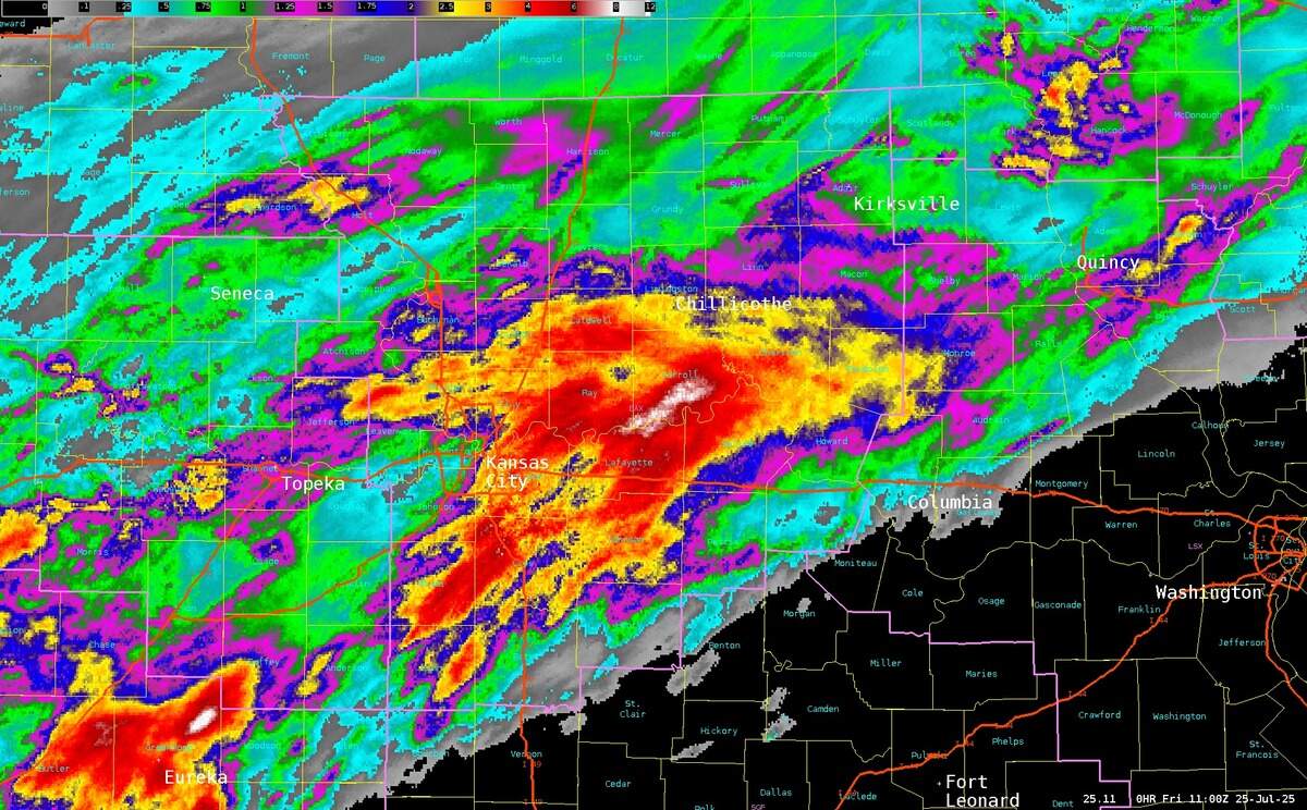 Overnight storms brought torrential downpours to the Kansas City area, leading to concerns about flash flooding and flooding. The National Weather Service posted a photo on social media of radar estimated rainfall for the 24-hour period ending at 6 a.m. Friday. The image shows that the heaviest rain fell along a line from Lexington to Carrollton in Missouri. More than 7 inches of rain fell near Carrollton, according to local storm reports.