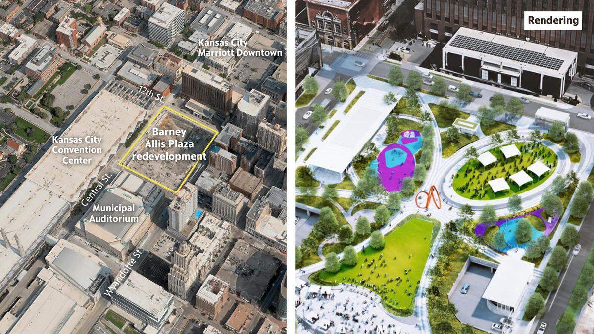 Map highlighting the Barney Allis Plaza construction area, alongside a rendering of the planned redeveloped plaza.