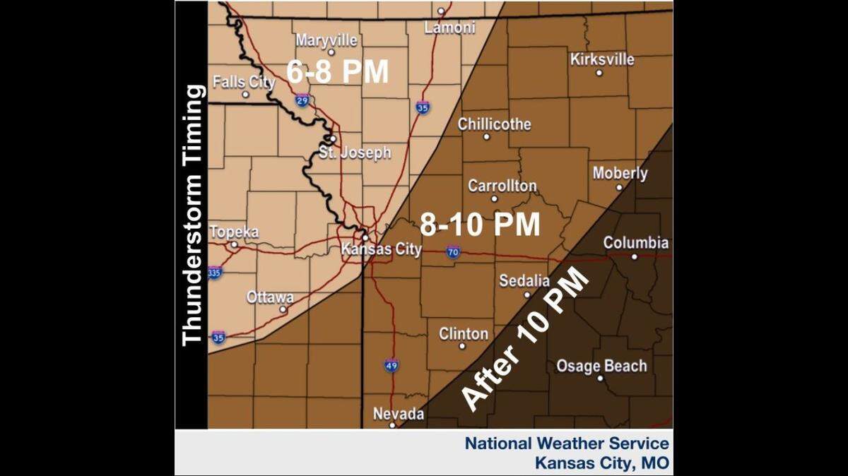 Strong to severe thunderstorms are expected in the Kansas City area Tuesday evening, according to the National Weather Service. Large hail and damaging winds are the main threats, but a tornado or two cannot be ruled out.
