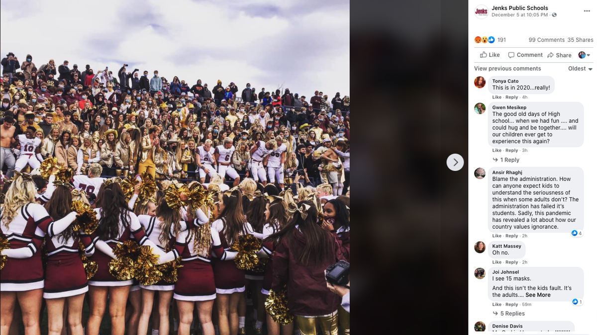 Jenks Public Schools posted this photo of Jenks High football players and cheerleaders following their victory in the state championship. The photo shows that many of the students were not wearing masks or keeping social distance.