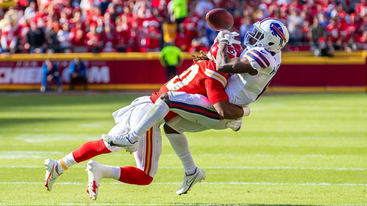 Kansas City Chiefs safety Justin Reid (20) hits Buffalo Bills wide receiver Isaiah McKenzie (6) jarring the ball loose during the game between the Kansas City Chiefs and the Buffalo Bills on Sunday October 16, 2022 at Arrowhead Stadium in Kansas City, Missouri