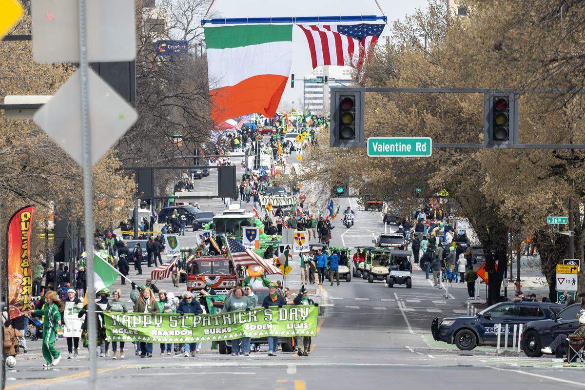 The St. Patrick's Day parade is seen along Broadway Boulevard on Tuesday, March 17, 2026, in Kansas City.