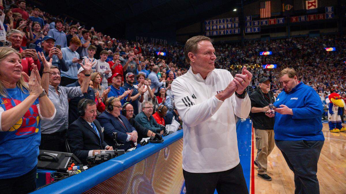 Kansas Jayhawks head coach Bill Self applauds the fans following the win vs. the Arizona Wildcats on Monday, February 9, 2026, at Allen Fieldhouse.
