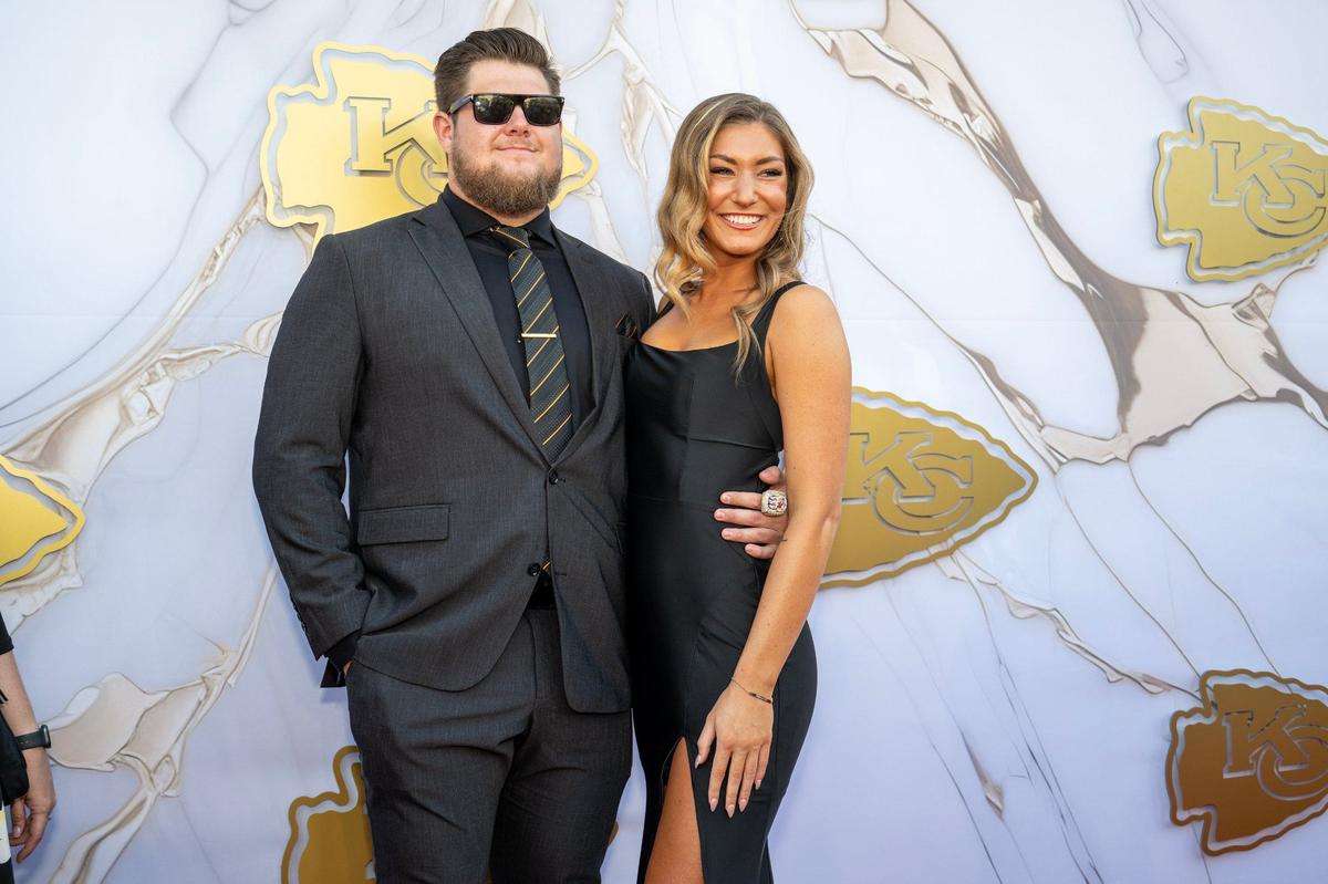 Kansas City Chiefs offensive lineman Creed Humphrey on the red carpet before the Super Bowl LVIII championship ring presentation event.