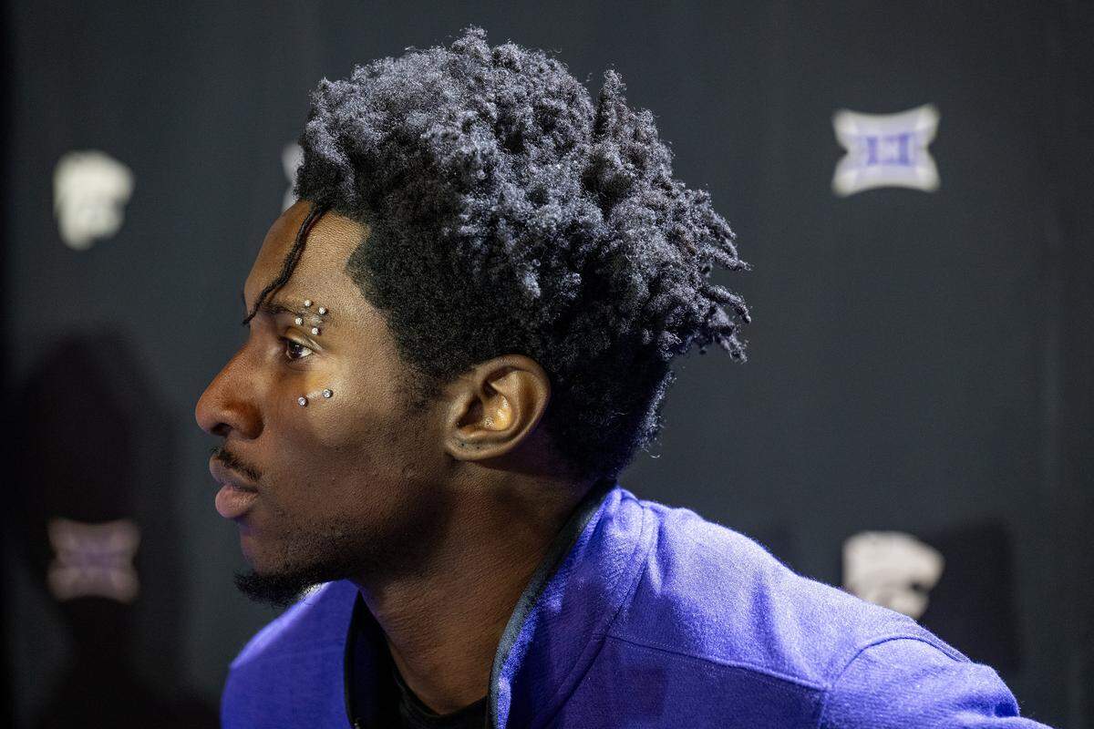 KSU'S Mobi Ikegwuruka listens to a question during the Big 12 Basketball Media Days at the T-Mobile Center on Wednesday, October 22, 20225, in Kansas City.