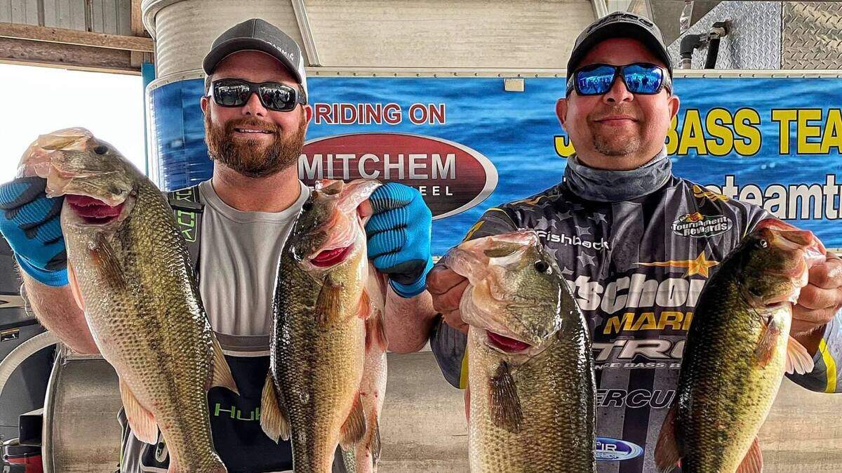 Blake Felix (left) and Rick Fishback competed in the Joe Bass Invitational Tournament over the weekend on Truman Lake and ultimately brought home the prize, placing first in a field of 200 boats with a two-day total of 31.3 pounds. It was a tough weekend battling wind and rainy conditions. Wind-blown banks and pockets seemed to be a popular target for most anglers throwing spinnerbaits and squarebills.