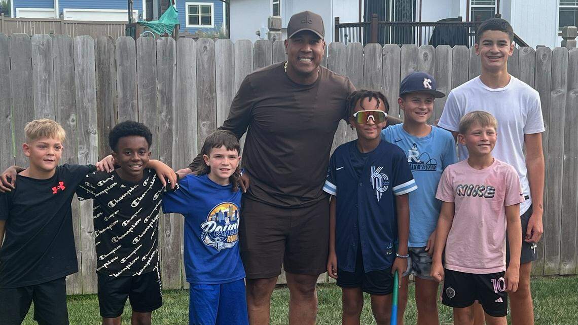 Royals captain Salvador Perez joined in a neighborhood Wiffle ball game Thursday night.