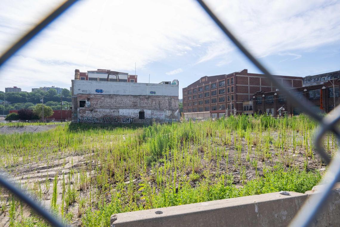 A three-acre empty parcel remains after the demolition in May 2024 of the 10-story Weld Wheel building in the West Bottoms. A 290-unit apartment complex and commercial space is planned for the area.