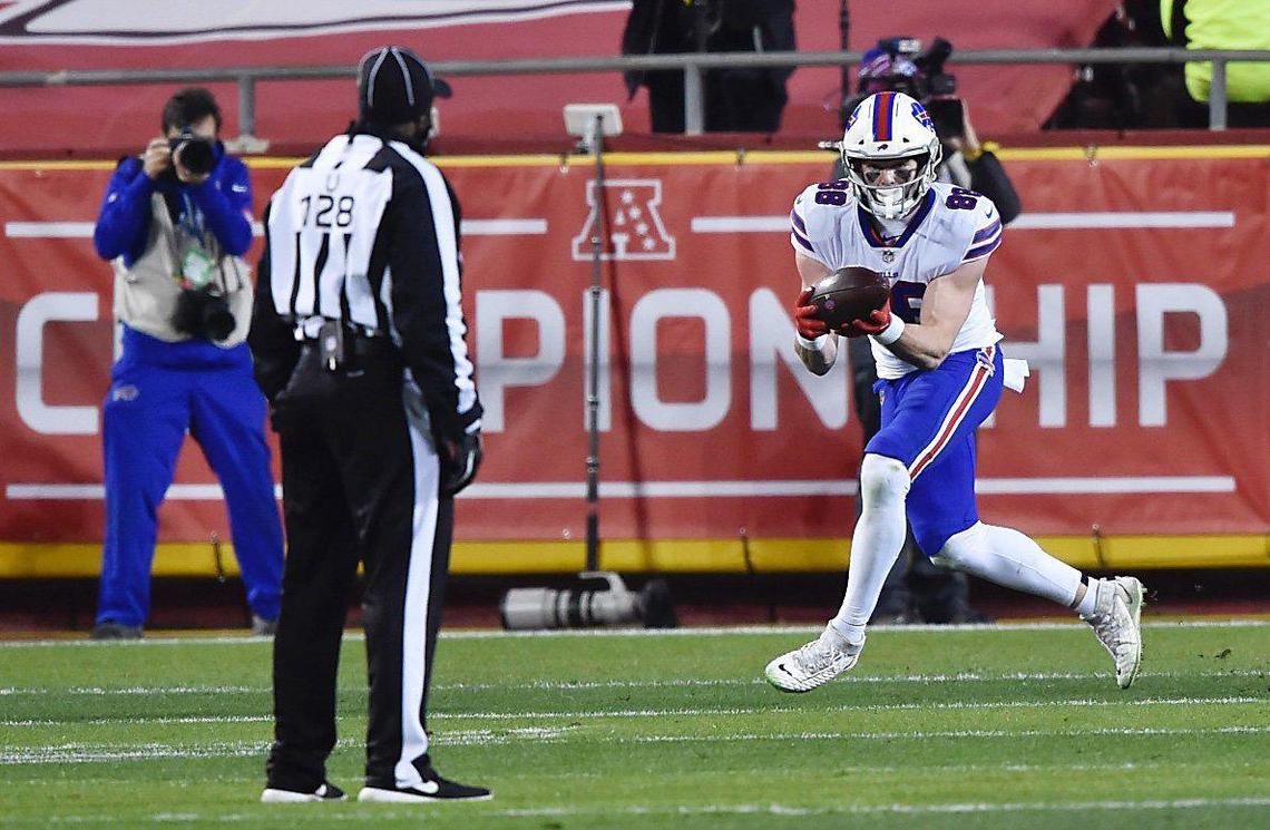 Buffalo Bills tight end Dawson Knox runs in a touchdown on a pass from quarterback Josh Allen in the first quarter against the Kansas City Chiefs Sunday, January 24, 2021, during the AFC Championship Game at Arrowhead Stadium in Kansas City, Missouri.