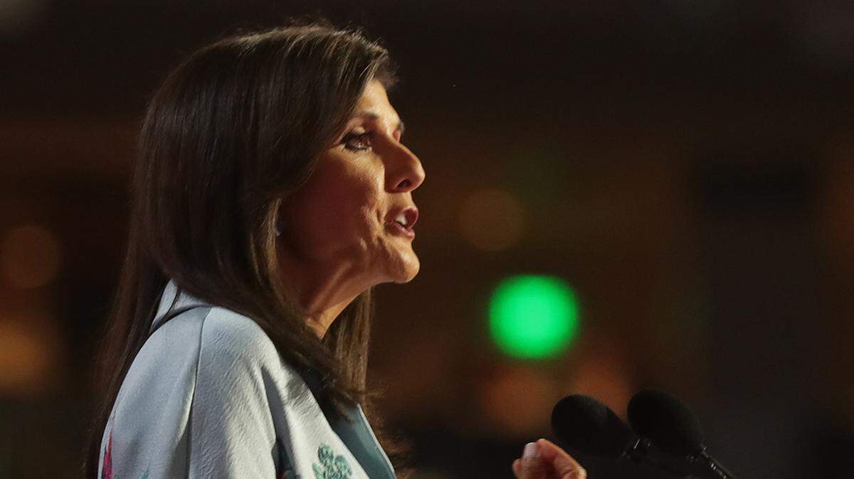 Jul 16, 2024; Milwaukee, WI, USA; Nikki Haley, Former Ambassador to the United Nations ,delivers remarks during the second day of the Republican National Convention at the Fiserv Forum. The second day of the RNC focused on crime and border policies. Mandatory Credit: William Glasheen-USA TODAY