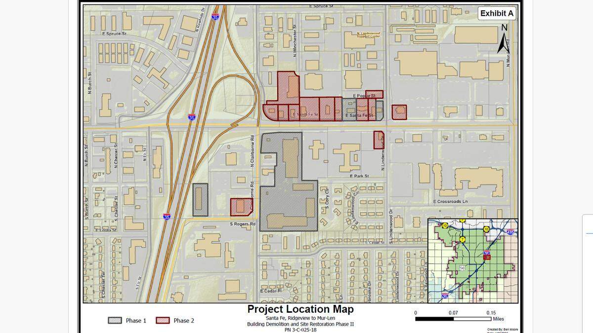 A project location map showing where buildings along East Santa Fe Street will be demolished to make way for road improvements and an Interstate 35 interchange project in Olathe.