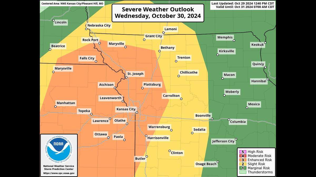 The National Weather Service’s Storm Prediction Center has placed the Kansas City area under an enhanced risk of severe thunderstorms on Wednesday. The primary threats are large hail and damaging winds, but a few tornadoes will be possible.