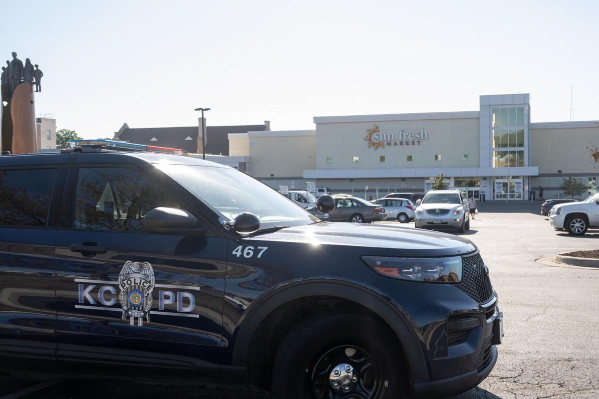 A KCPD patrol car sits in the parking lot of the Linwood Shopping Center on September 3, 2024. Due to reports of crime and vagrancy, the shopping center has increased security and police presence.