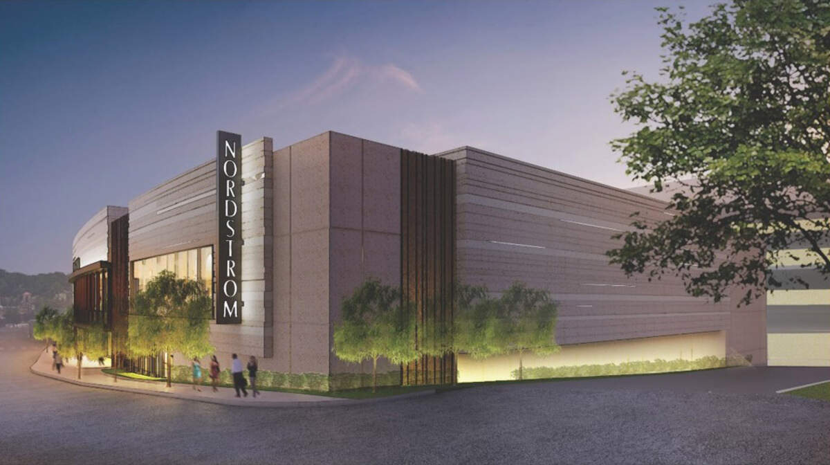 A rendering of the north side of the proposed Nordstrom building on the Plaza.