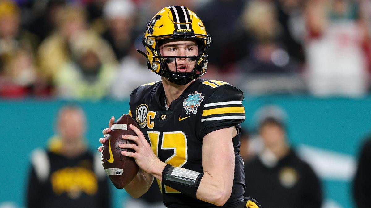 Missouri Tigers quarterback Brady Cook drops back to pass during the 2022 Gasparilla Bowl at Raymond James Stadium in Tampa. The Tigers lost to Wake Forest 27-17.